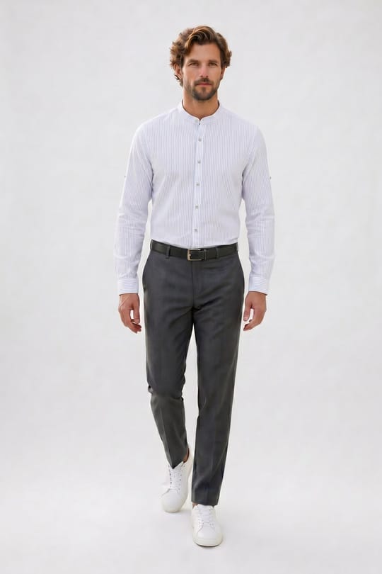 Erkek Slim Fit Dar Kesim Uzun Kollu %100 Pamuk Keten Doku Çizgili Hakim Yaka Gömlek