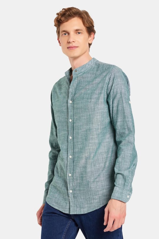 Erkek Slim Fit Dar Kesim Uzun Kollu %100 Pamuk Keten Doku Çizgili Hakim Yaka Gömlek