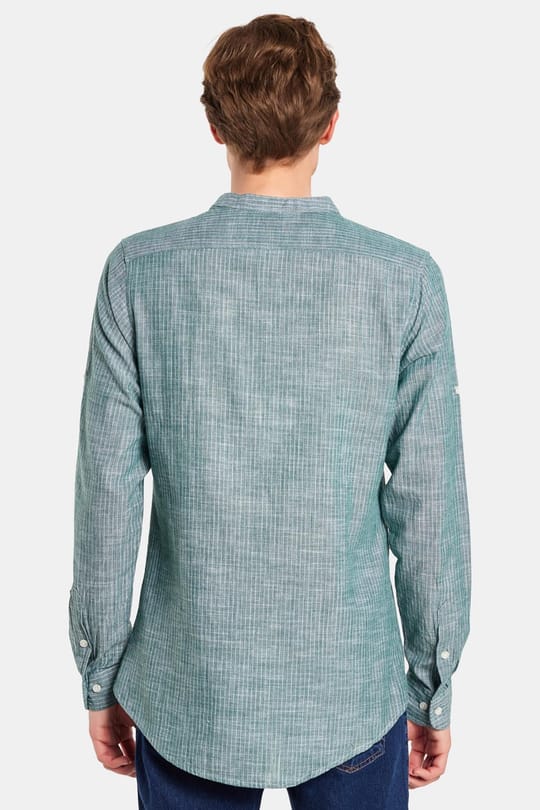 Erkek Slim Fit Dar Kesim Uzun Kollu %100 Pamuk Keten Doku Çizgili Hakim Yaka Gömlek