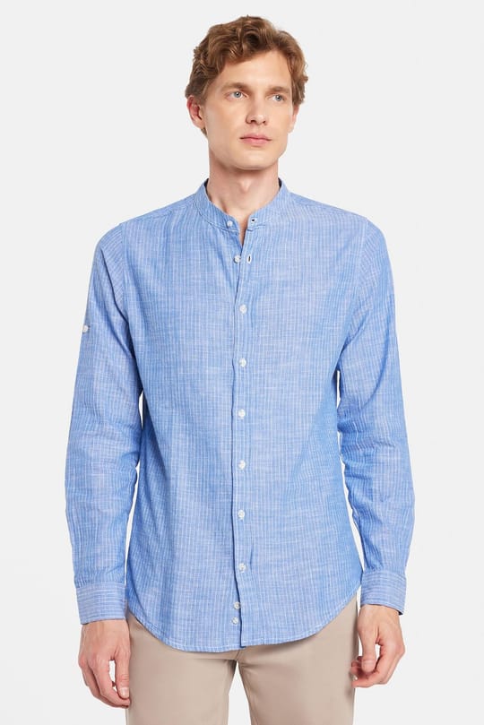 Erkek Slim Fit Dar Kesim Uzun Kollu %100 Pamuk Keten Doku Çizgili Hakim Yaka Gömlek