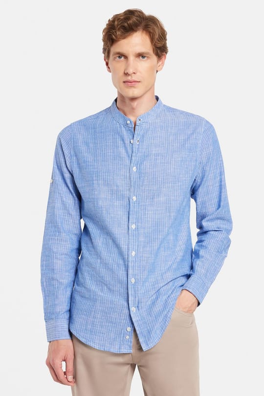 Erkek Slim Fit Dar Kesim Uzun Kollu %100 Pamuk Keten Doku Çizgili Hakim Yaka Gömlek