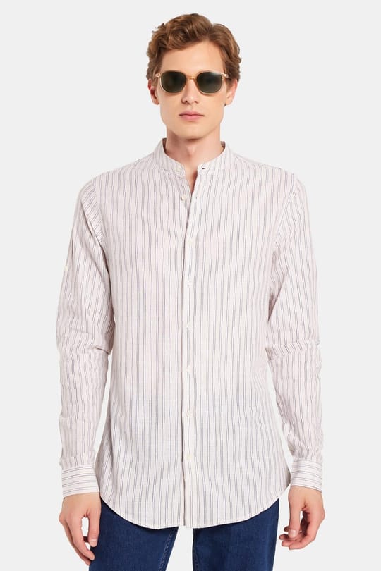 Erkek Slim Fit Dar Kesim Uzun Kollu %100 Pamuk Keten Doku Çizgili Hakim Yaka Gömlek