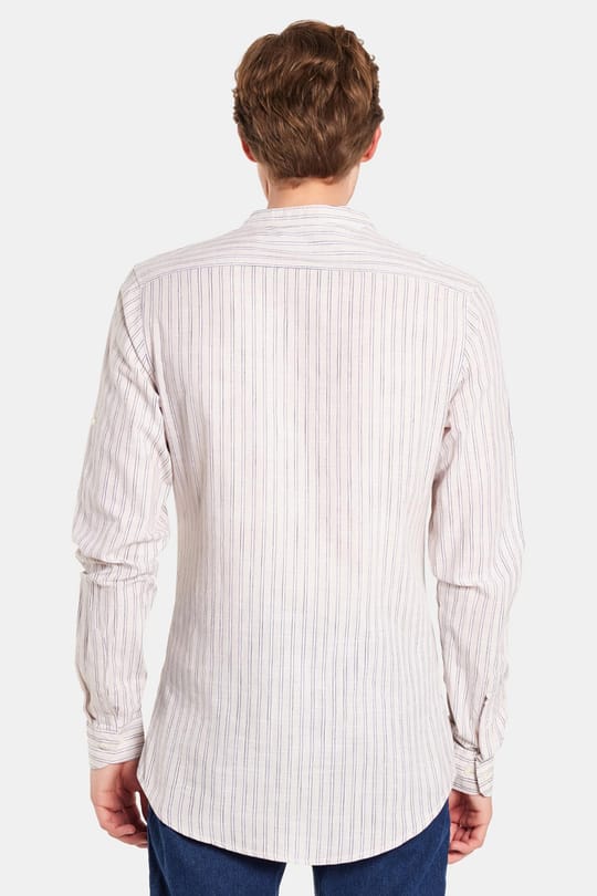Erkek Slim Fit Dar Kesim Uzun Kollu %100 Pamuk Keten Doku Çizgili Hakim Yaka Gömlek