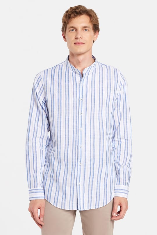 Erkek Slim Fit Dar Kesim Uzun Kollu %100 Pamuk Keten Doku Çizgili Hakim Yaka Gömlek