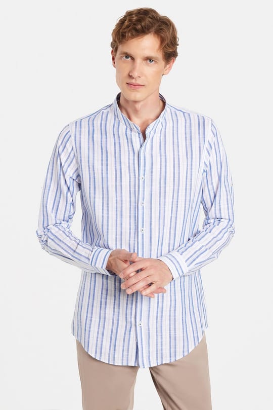 Erkek Slim Fit Dar Kesim Uzun Kollu %100 Pamuk Keten Doku Çizgili Hakim Yaka Gömlek