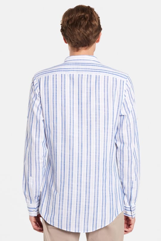 Erkek Slim Fit Dar Kesim Uzun Kollu %100 Pamuk Keten Doku Çizgili Hakim Yaka Gömlek