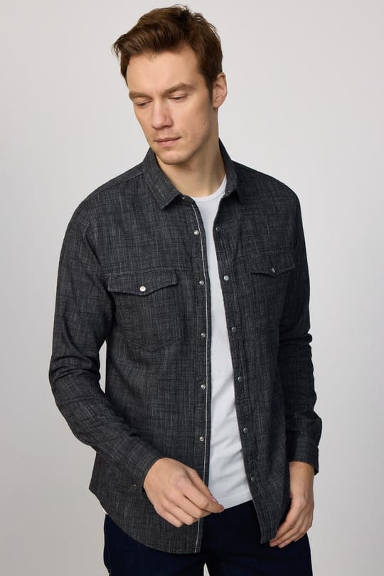 Slim Fit Dar Kesim %100 Pamuk Çift Cep Çıtçıtlı Düz Yazlık Siyah Erkek Gömlek