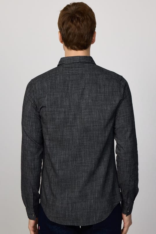 Erkek Slim Fit Dar Kesim Uzun Kollu %100 Pamuk Keten Doku Çift Cepli Çıtçıtlı Siyah Gömlek