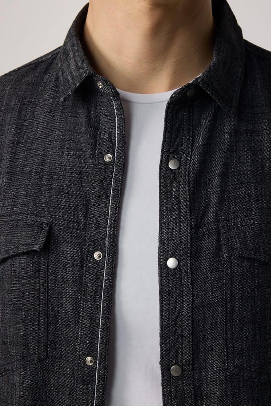 Erkek Slim Fit Dar Kesim Uzun Kollu %100 Pamuk Keten Doku Çift Cepli Çıtçıtlı Siyah Gömlek
