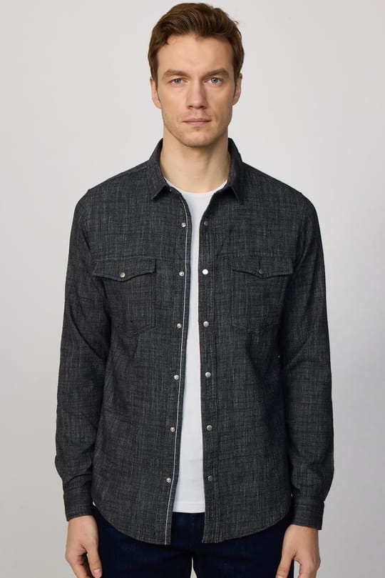 Erkek Slim Fit Dar Kesim Uzun Kollu %100 Pamuk Keten Doku Çift Cepli Çıtçıtlı Siyah Gömlek