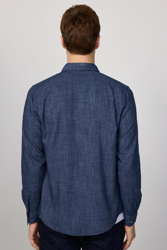 Erkek Slim Fit Dar Kesim Uzun Kollu %100 Pamuk Keten Doku Çift Cepli Çıtçıtlı Lacivert Gömlek
