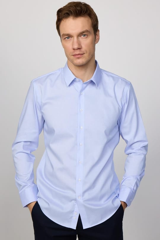 Slim Fit Mavi Non-Iron %100 Pamuk Doğa Dostu Ekoteks Belgeli Ütü Gerektirmez Gömlek