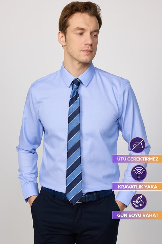 Slim Fit Mavi Non-Iron %100 Pamuk Doğa Dostu Ekoteks Belgeli  Gömlek