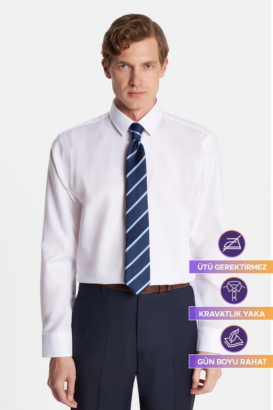 Slim Fit Beyaz Non-Iron %100 Pamuk Doğa Dostu Ekoteks Belgeli  Gömlek