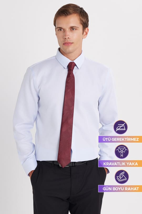 Slim Fit Mavi Non-Iron %100 Pamuk Doğa Dostu Ekoteks Belgeli  Gömlek