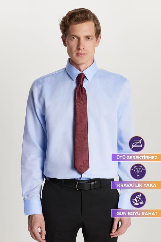 Slim Fit Mavi Non-Iron %100 Pamuk Doğa Dostu Ekoteks Belgeli  Gömlek
