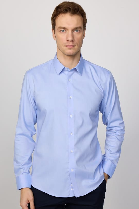Slim Fit Mavi Non-Iron %100 Pamuk Doğa Dostu Ekoteks Belgeli Ütü Gerektirmez Gömlek