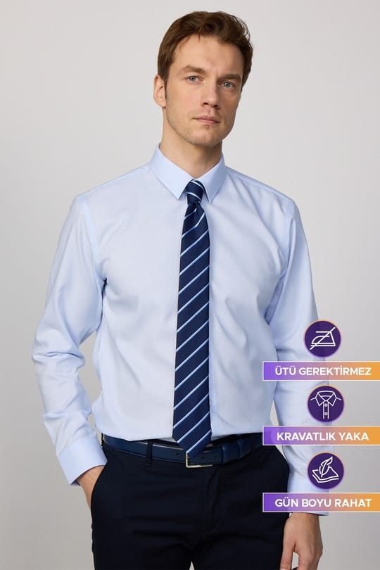 Slim Fit Mavi Non-Iron %100 Pamuk Doğa Dostu Ekoteks Belgeli  Gömlek