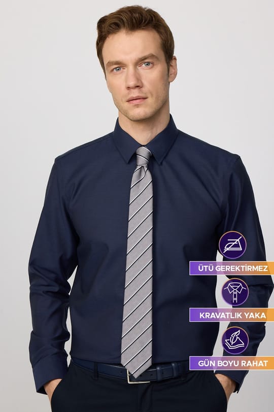 Slim Fit Lacivert Non-Iron %100 Pamuk Doğa Dostu Ekoteks Belgeli  Gömlek