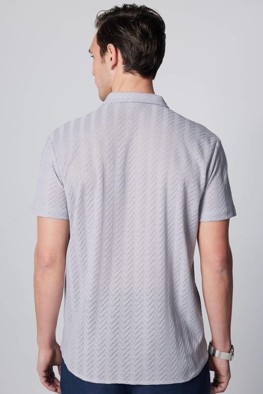 Erkek Slim Fit Dar Kesim Kısa Kollu Nefes Alan Örme Doku Armür Desenli Gri Gömlek