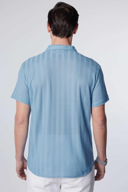 Erkek Slim Fit Dar Kesim Kısa Kollu Nefes Alan Örme Doku Armür Desenli Mavi Gömlek