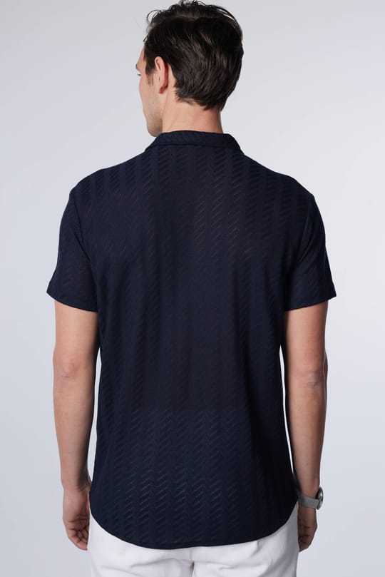 Erkek Slim Fit Dar Kesim Kısa Kollu Nefes Alan Örme Doku Armür Desenli Lacivert Gömlek