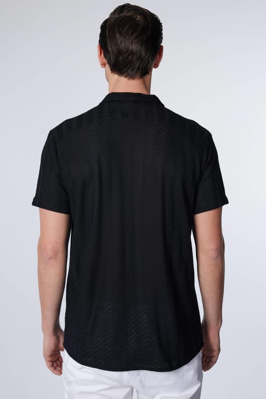 Erkek Slim Fit Dar Kesim Kısa Kollu Nefes Alan Örme Doku Armür Desenli Siyah Gömlek