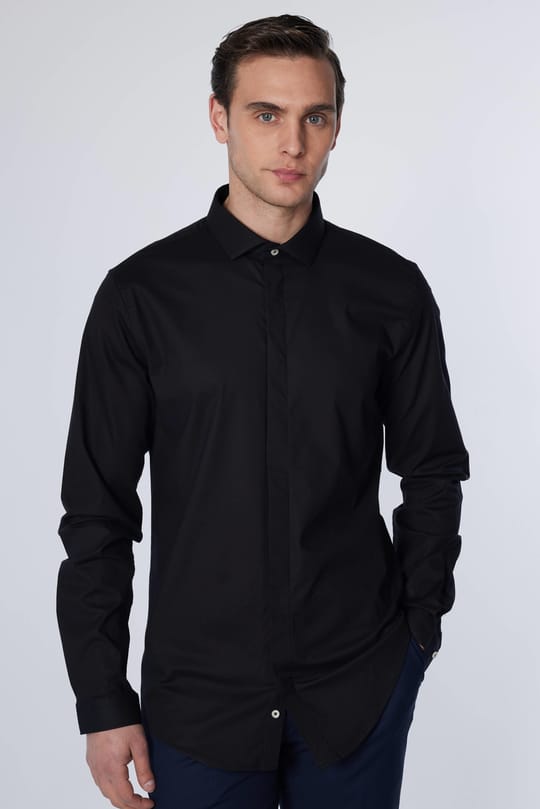 Slim Fit Dar Kesim Gizli Pat Pamuklu Siyah Erkek Gömlek