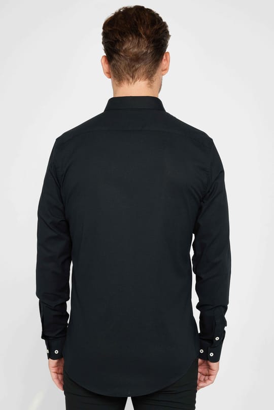 Erkek Slim Fit Dar Kesim Uzun Kollu Pamuklu Siyah Düğmeli Yaka Gömlek