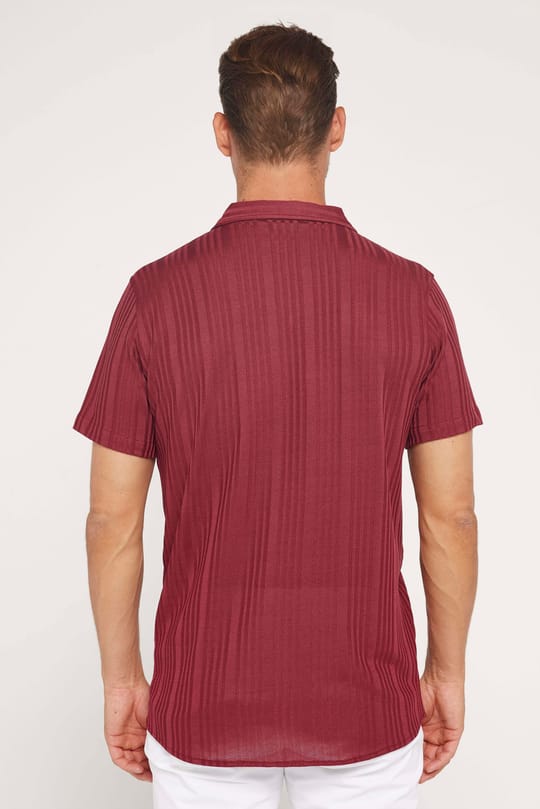 Erkek Slim Fit Dar Kesim Kısa Kollu Örme Kumaş Kiremit Renk Apaş Yaka Gömlek