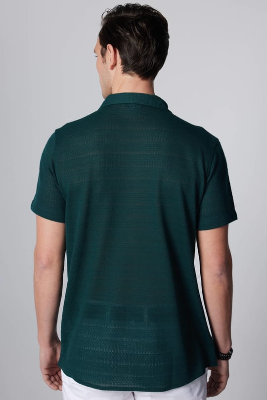 Erkek Slim Fit Dar Kesim Kısa Kollu Örme Kumaş Yeşil Apaş Yaka Gömlek