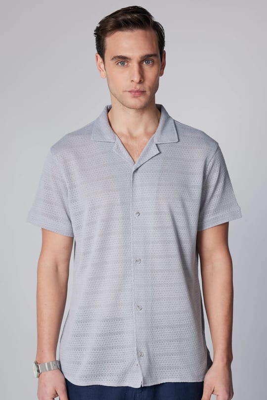 Erkek Slim Fit Dar Kesim Kısa Kollu Örme Kumaş Gri Apaş Yaka Gömlek