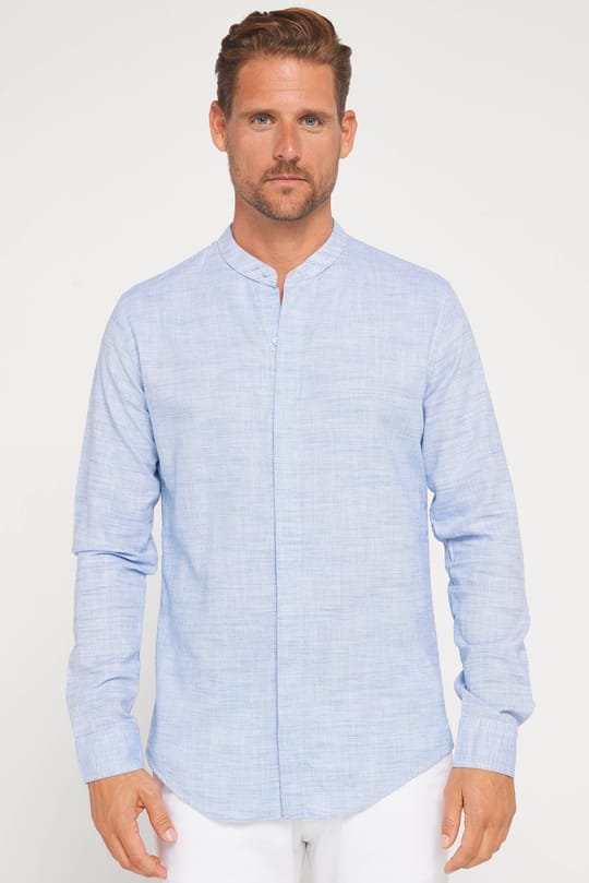 Erkek Slim Fit Dar Kesim Uzun Kollu %100 Pamuk Keten Doku Armürlü Lacivert Hakim Yaka Gömlek
