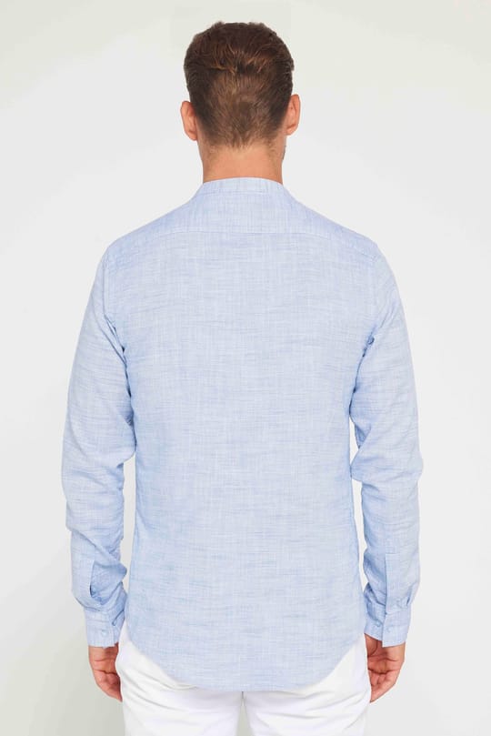 Erkek Slim Fit Dar Kesim Uzun Kollu %100 Pamuk Keten Doku Armürlü Lacivert Hakim Yaka Gömlek