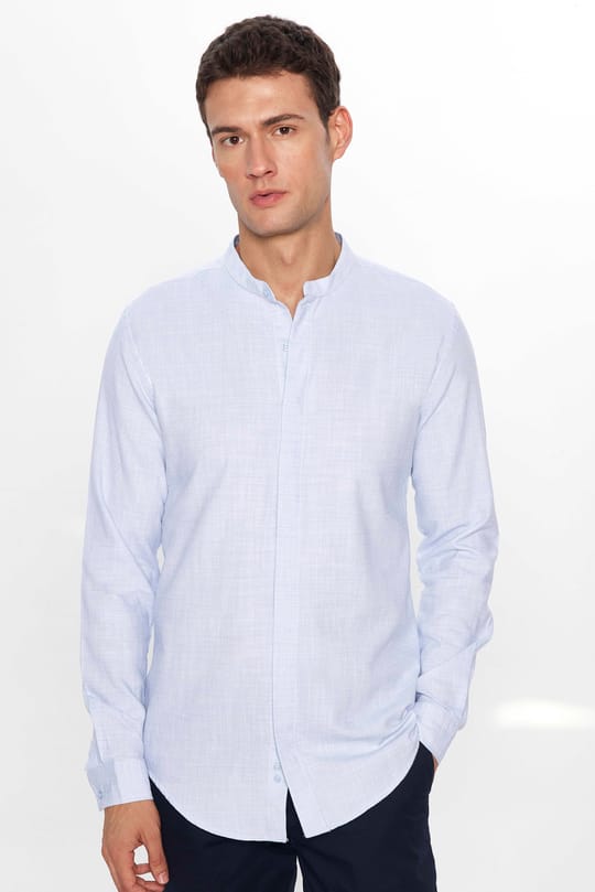 Erkek Slim Fit Dar Kesim Uzun Kollu %100 Pamuk Keten Doku Armürlü Mavi Hakim Yaka Gömlek