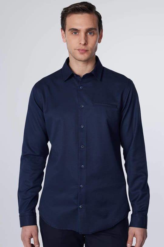Slim Fit Dar Kesim Fleto Tek Cep Armürlü Pamuklu Lacivert Erkek Gömlek