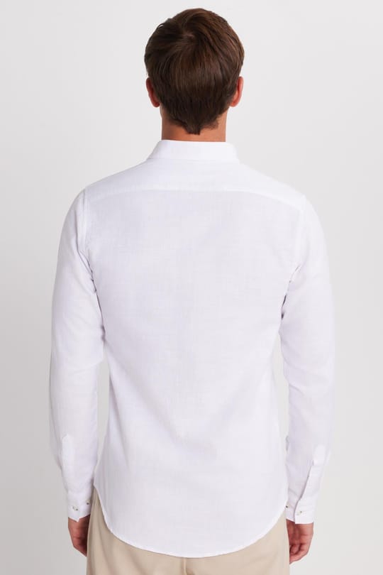 Erkek Slim Fit Dar Kesim Uzun Kollu %100 Pamuk Keten Doku Beyaz Gömlek