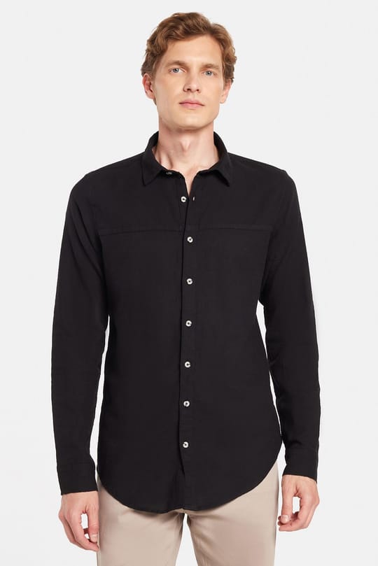 Erkek Slim Fit Dar Kesim Uzun Kollu %100 Pamuk Keten Doku Siyah Gömlek