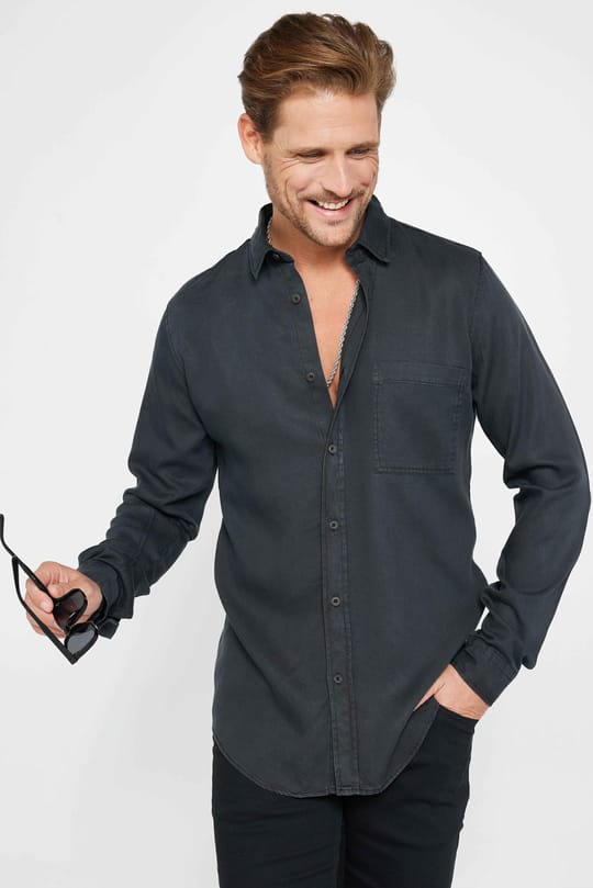 Slim Fit Uzun Kollu Dar Kesim Spor Yaka Düz Siyah Denim Erkek Gömlek