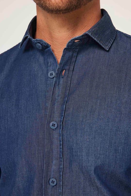 Erkek Slim Fit Dar Kesim Uzun Kollu %100 Pamuk Denim Kot Lacivert Gömlek