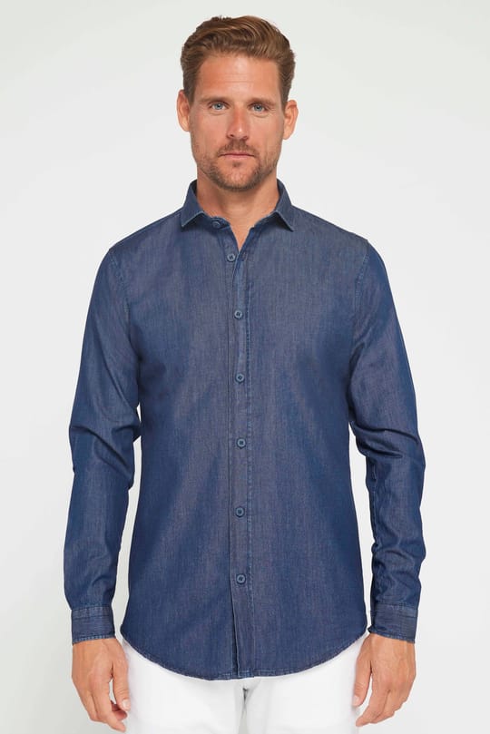 Erkek Slim Fit Dar Kesim Uzun Kollu %100 Pamuk Denim Kot Lacivert Gömlek