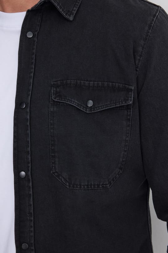 Erkek Slim Fit Dar Kesim Uzun Kollu Denim Kot Çift Cep Çıtçıtlı Siyah Gömlek