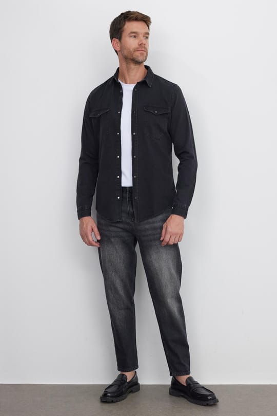 Erkek Slim Fit Dar Kesim Uzun Kollu Denim Kot Çift Cep Çıtçıtlı Siyah Gömlek