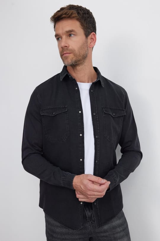 Erkek Slim Fit Dar Kesim Uzun Kollu Denim Kot Çift Cep Çıtçıtlı Siyah Gömlek