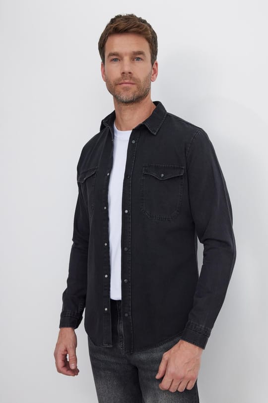 Erkek Slim Fit Dar Kesim Uzun Kollu Denim Kot Çift Cep Çıtçıtlı Siyah Gömlek