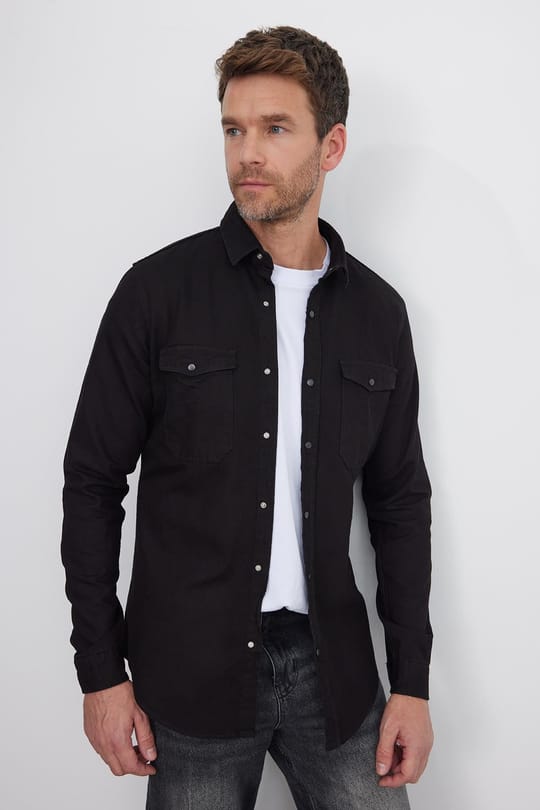 Erkek Slim Fit Dar Kesim Uzun Kollu Denim Kot Çift Cep Çıtçıtlı Siyah Gömlek
