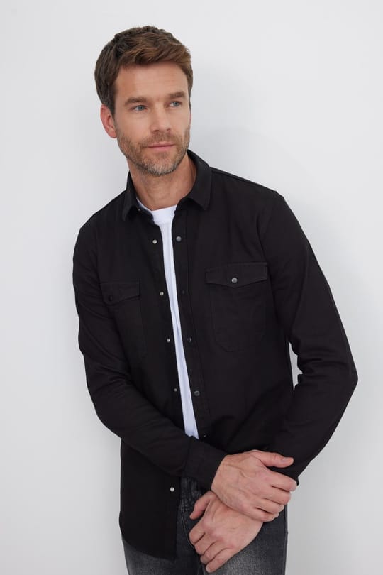Erkek Slim Fit Dar Kesim Uzun Kollu Denim Kot Çift Cep Çıtçıtlı Siyah Gömlek