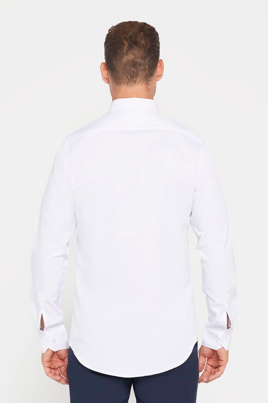 Erkek Slim Fit Dar Kesim Uzun Kollu Pamuklu Düz Beyaz Spor Yaka Gömlek