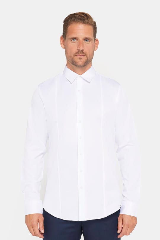 Erkek Slim Fit Dar Kesim Uzun Kollu Pamuklu Düz Beyaz Spor Yaka Gömlek