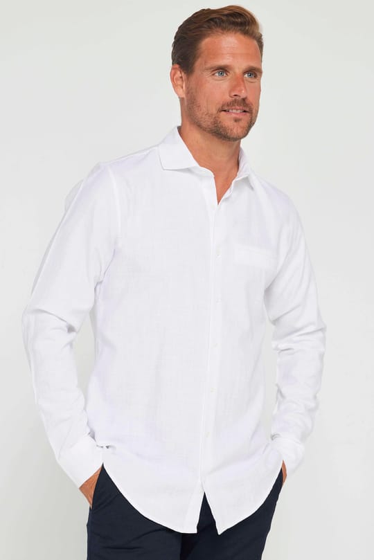 Slim Fit Kısa Kollu Dar Kesim Keten Doku Düz Beyaz Yazlık Erkek Gömlek